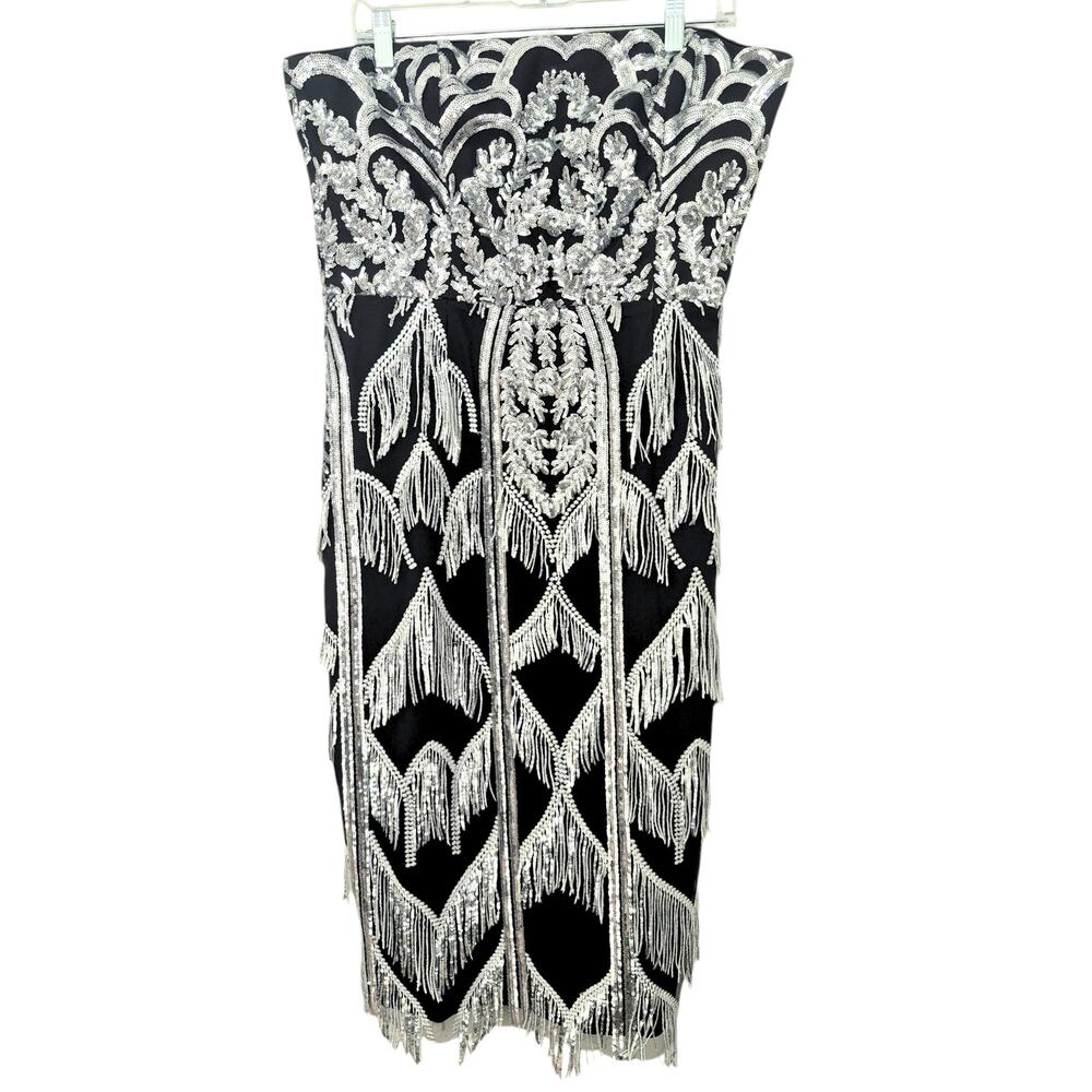 Dress The Population Viviana Dress Sz XL Sequin Strapless Sheath Silver Black - Picture 6 of 10